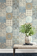 Load image into Gallery viewer, NextWall Blue, Metallic Copper, & Gray Morocaan Tile NW30002 wallpaper