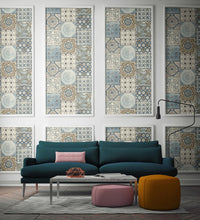 Load image into Gallery viewer, NextWall Blue, Metallic Copper, & Gray Morocaan Tile NW30002 wallpaper