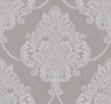 Load image into Gallery viewer, Wallquest/Seabrook Designs Metallic Silver Glitter and Tan Puff Damask AW70800 wallpaper