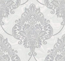 Load image into Gallery viewer, Wallquest/Seabrook Designs Silver Glitter and Off-White Puff Damask AW70800 wallpaper
