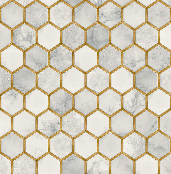 NextWall Alaska Grey & Metallic Gold Inlay Hexagon NW38600 wallpaper