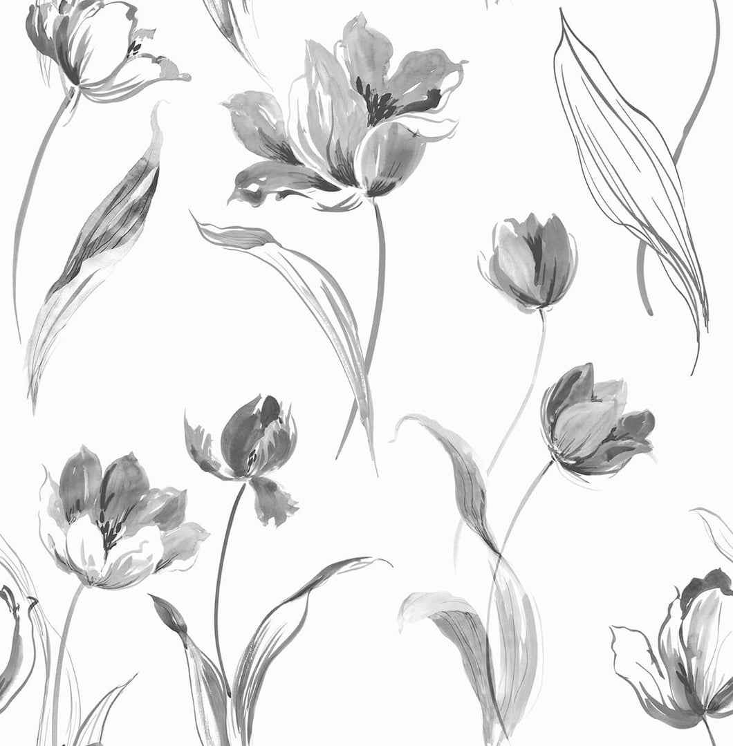 NextWall Black and White Tulip Toss NW38100 wallpaper