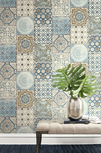 NextWall Blue, Metallic Copper, & Gray Morocaan Tile NW30002 wallpaper