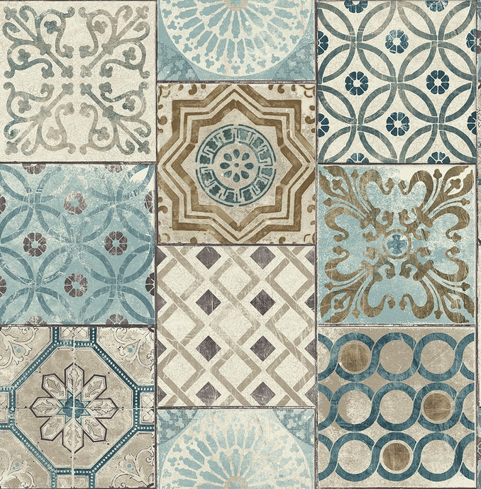 NextWall Blue, Metallic Copper, & Gray Morocaan Tile NW30002 wallpaper
