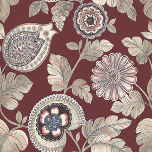 Wallquest/Seabrook Designs Cabernet and Coral Calypso Paisley Leaf RY31200 wallpaper