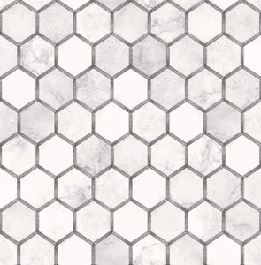 NextWall Carrara & Metallic Silver Inlay Hexagon NW38600 wallpaper