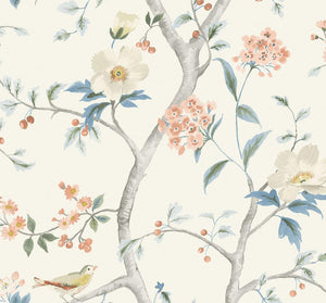 Wallquest/Lillian August Eggshell, Melon, and Carolina Blue Southport Floral Trail LN11101 wallpaper