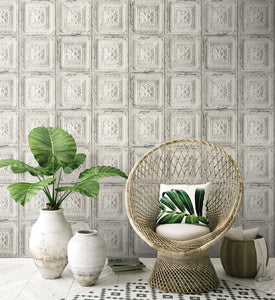 NextWall Linen & Charcoal Distressed Tin Tile Wallpaper NW32100 wallpaper