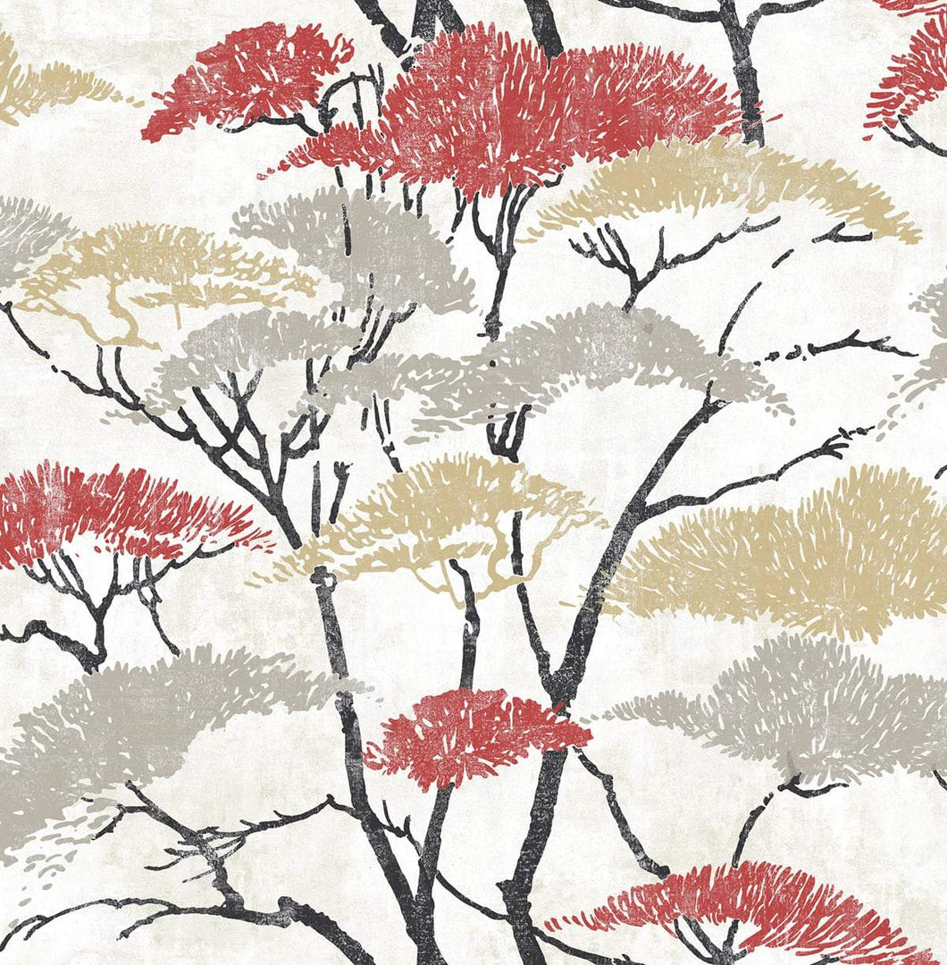 Seabrook Designs Metallic Gold, Silver, and Crimson Confucius Tree AI41400 wallpaper