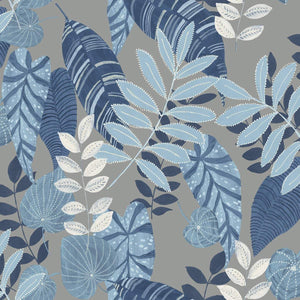 Wallquest/Seabrook Designs Metallic Gray, Sky Blue, and Champlain Tropicana Leaves RY30902 wallpaper
