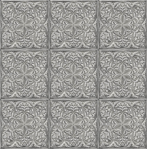 NextWall Metallic Silver & Charcoal Faux Embossed Tile NW36200 wallpaper