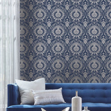 Load image into Gallery viewer, York Wallcoverings Navy/Silver Imperial Damask Wallpaper DM4901 wallpaper