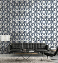 Load image into Gallery viewer, NextWall Navy &amp; White Navy Deco Lattice NW31502 wallpaper