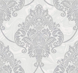 Wallquest/Seabrook Designs Silver Glitter and Off-White Puff Damask AW70800 wallpaper