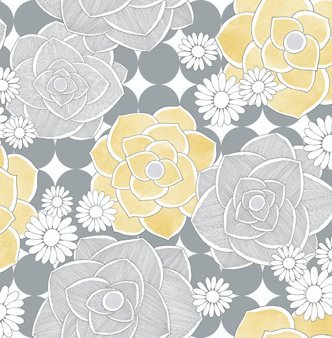 NextWall Yellow & Gray Retro Floral NW35203 wallpaper
