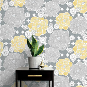 NextWall Yellow & Gray Retro Floral NW35203 wallpaper